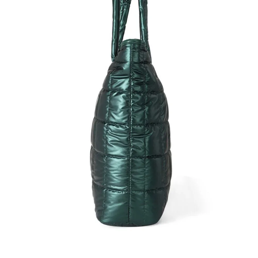 Quilted Puffer Tote - Shiny Deep Green - Double Handle- XL- Lightweight -NWT